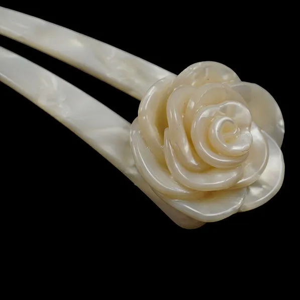 Crystalmood Cellulose Acetate 2-Prong Hair Stick Fork with Flower Ivory