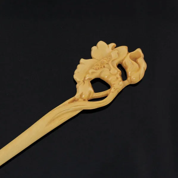 CrystalMood Handmade Carved Wood Hair Stick Cotton-rose