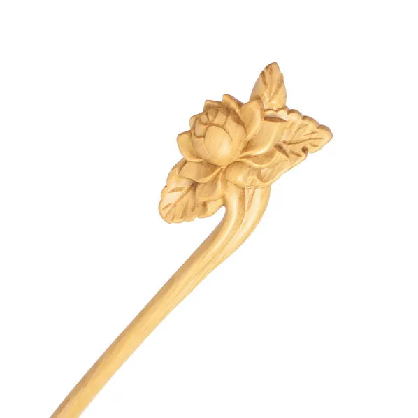 CrystalMood Handmade Carved Wood Hair Stick Peony Flower