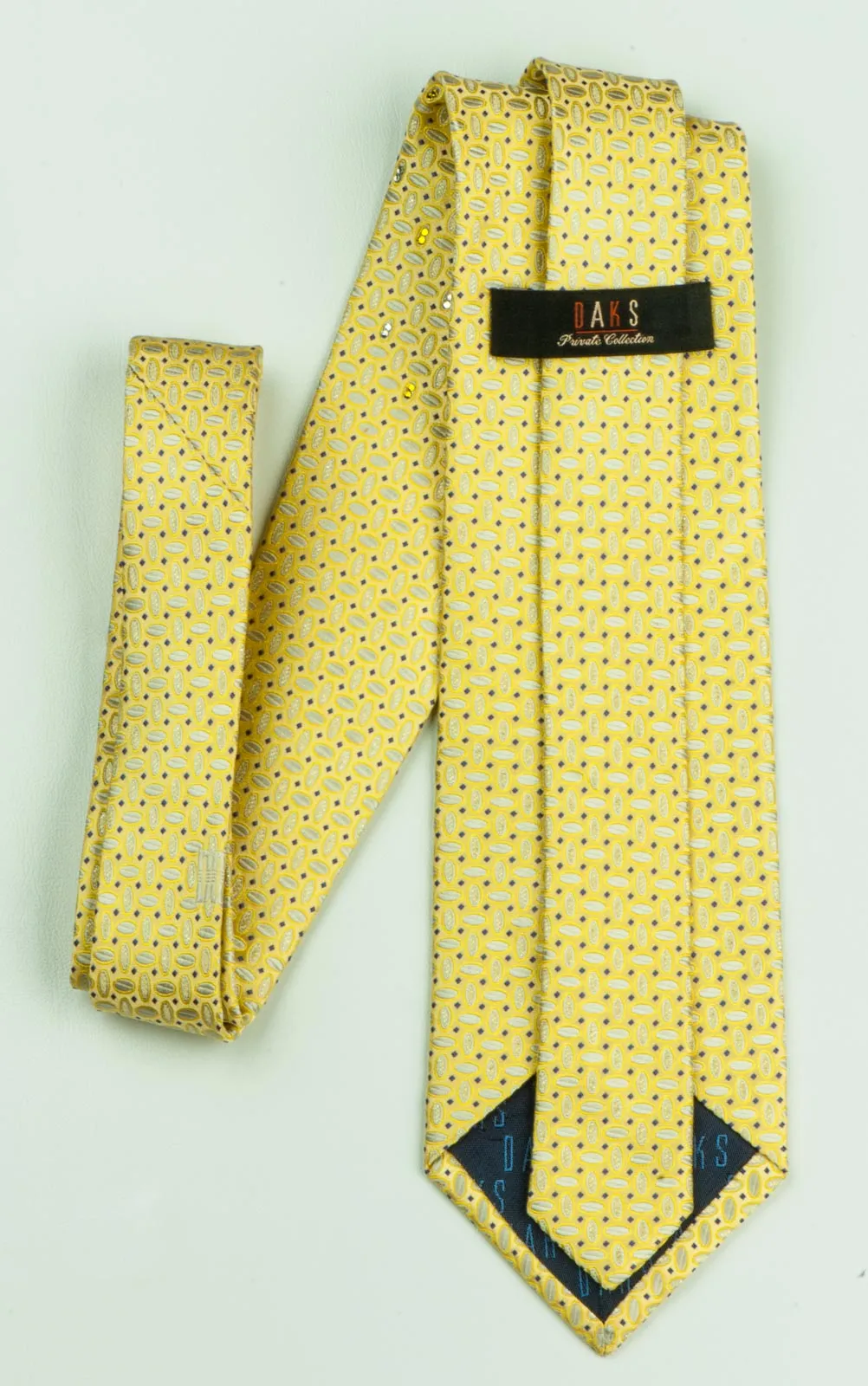 Daks Rhinestone Silk Neck Tie White Ovals On Lime Yellow With Silver Sparkles