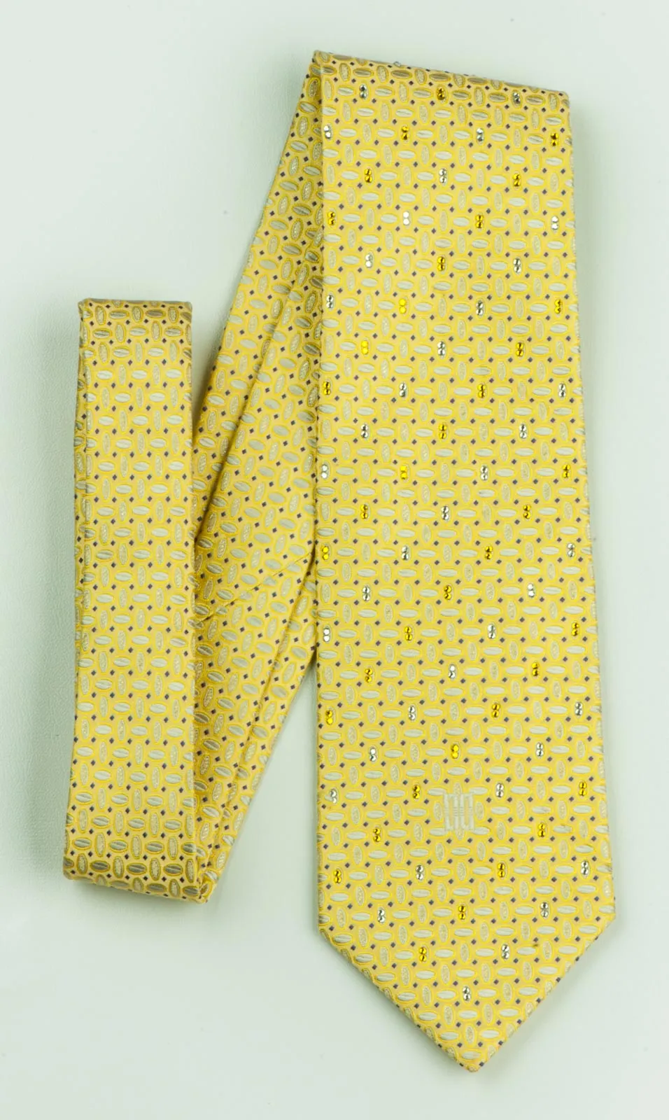 Daks Rhinestone Silk Neck Tie White Ovals On Lime Yellow With Silver Sparkles