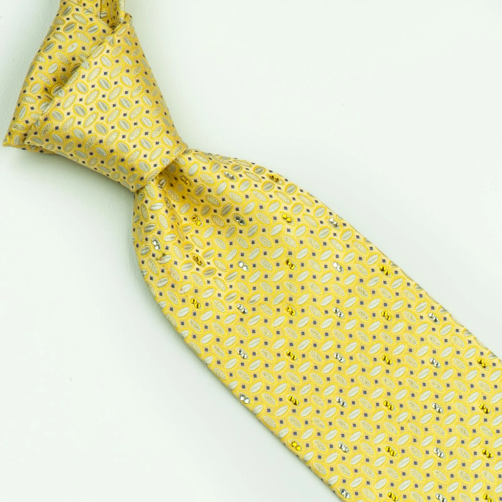 Daks Rhinestone Silk Neck Tie White Ovals On Lime Yellow With Silver Sparkles