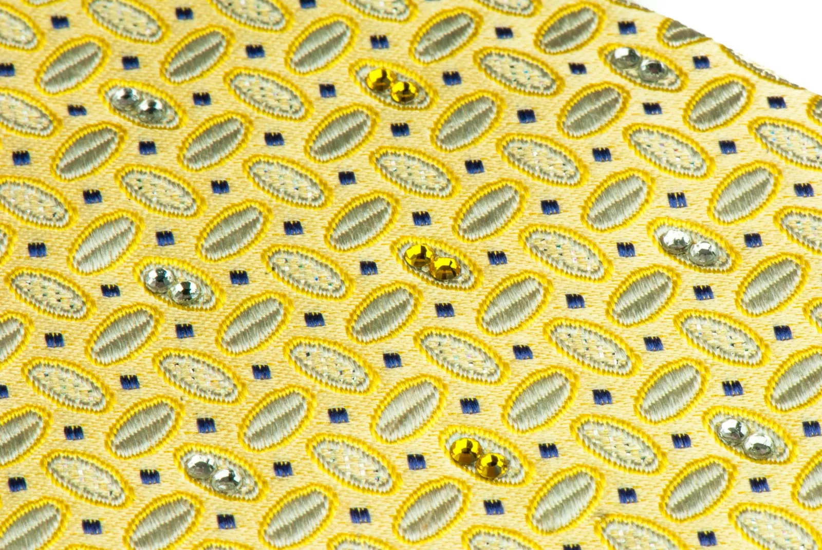 Daks Rhinestone Silk Neck Tie White Ovals On Lime Yellow With Silver Sparkles