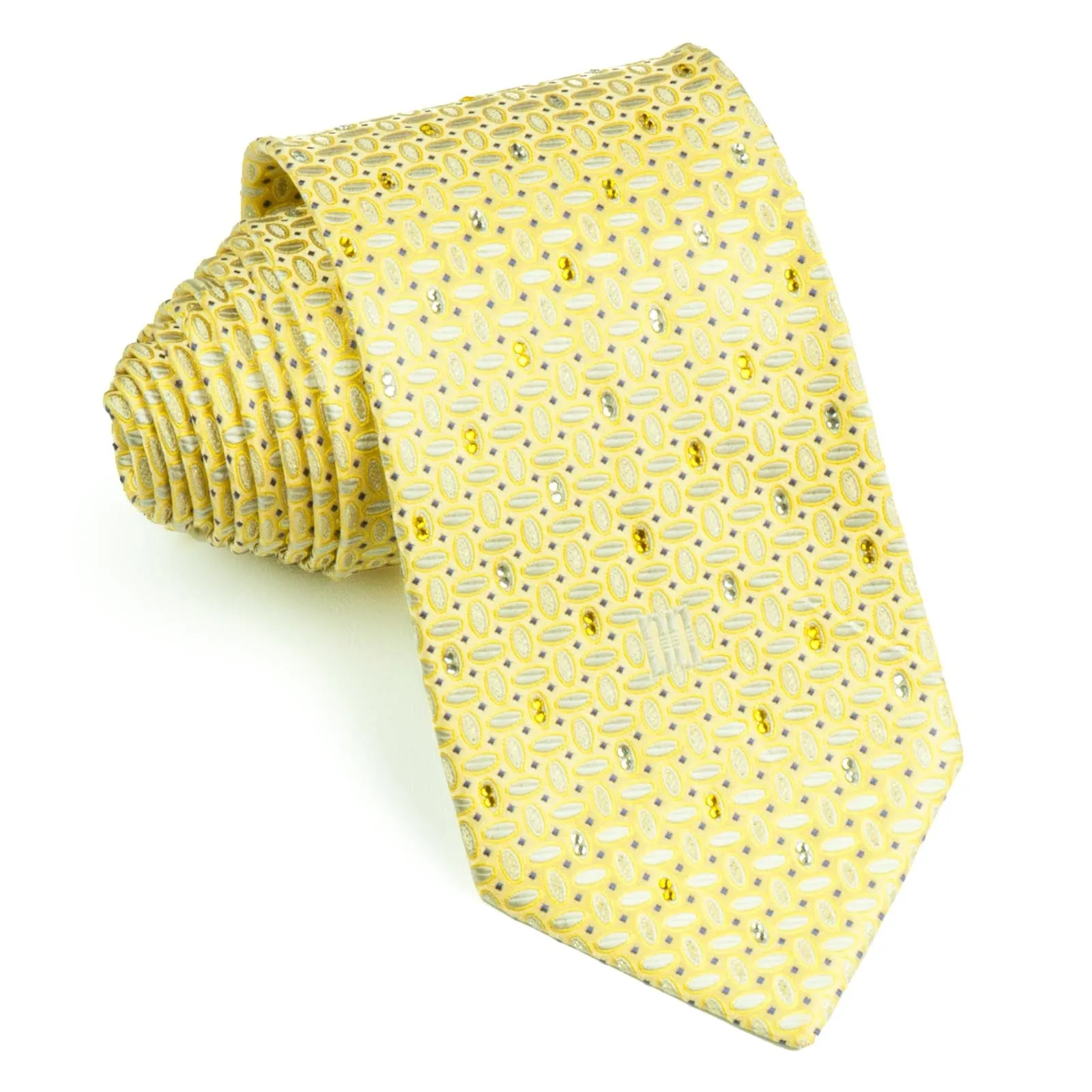 Daks Rhinestone Silk Neck Tie White Ovals On Lime Yellow With Silver Sparkles