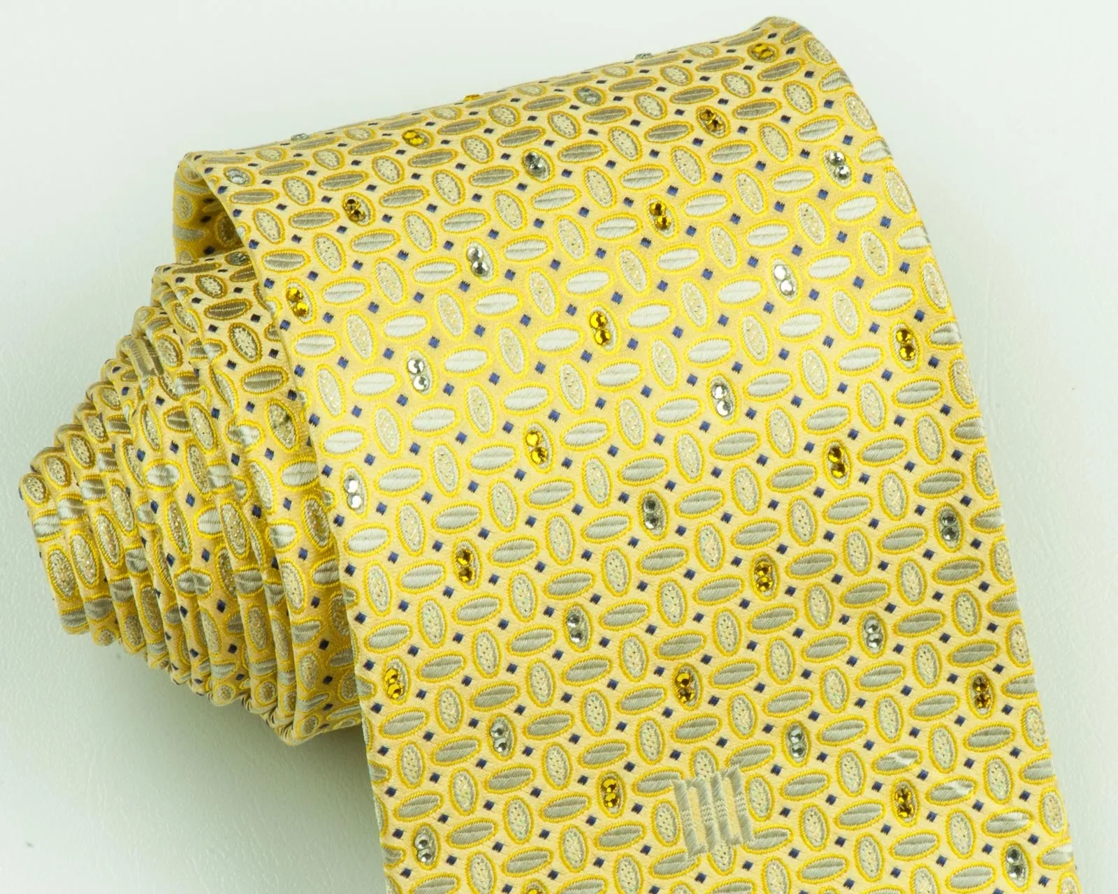 Daks Rhinestone Silk Neck Tie White Ovals On Lime Yellow With Silver Sparkles