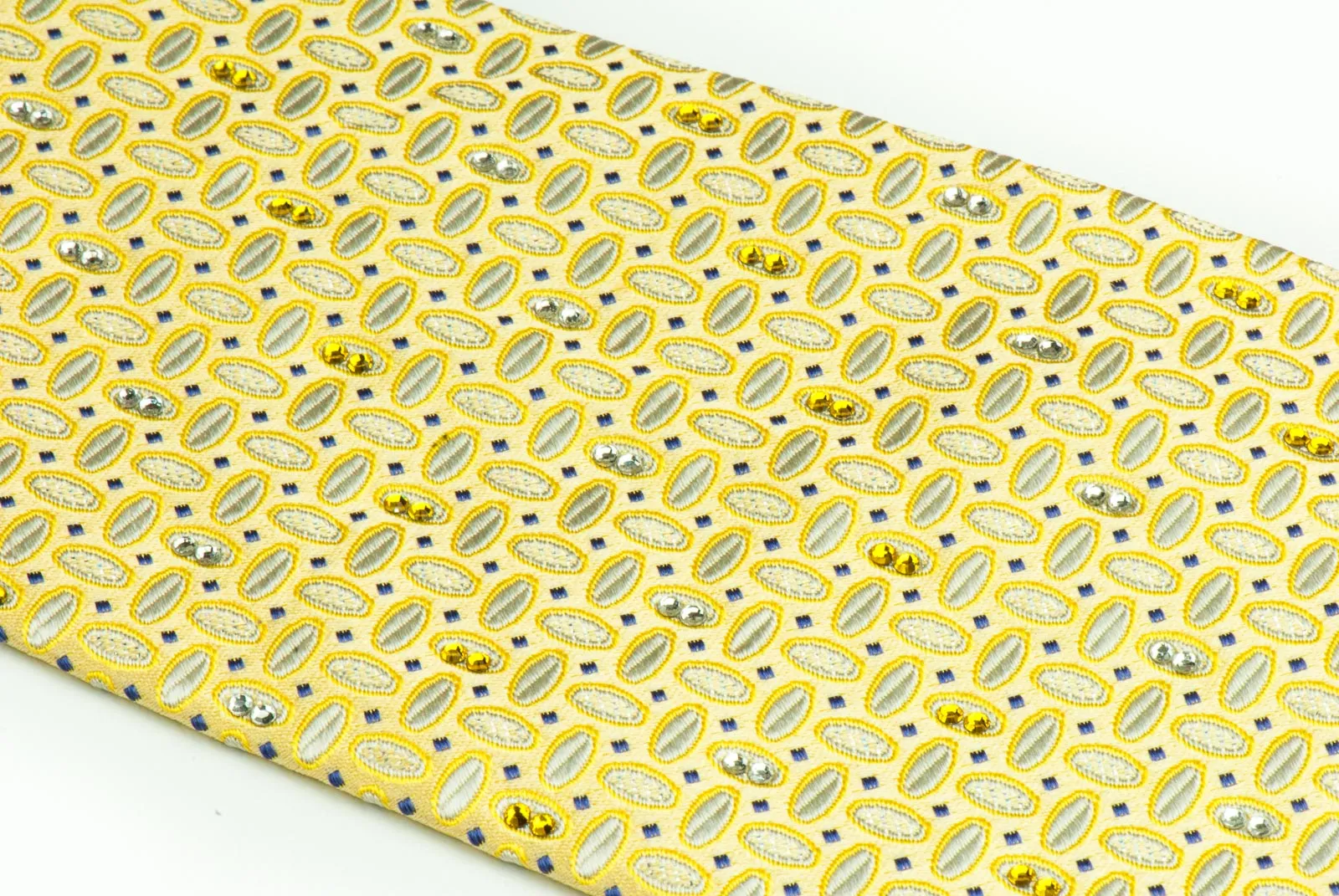 Daks Rhinestone Silk Neck Tie White Ovals On Lime Yellow With Silver Sparkles