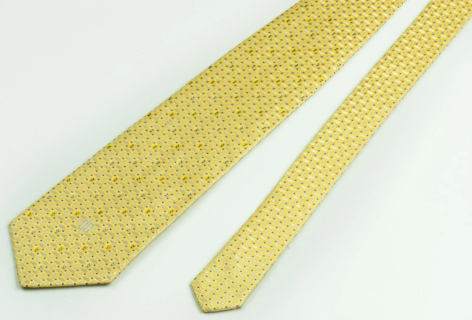 Daks Rhinestone Silk Neck Tie White Ovals On Lime Yellow With Silver Sparkles