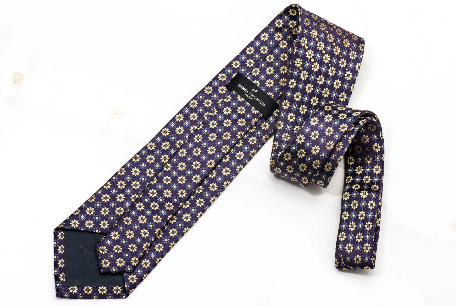 Daniel Hechter Men's Silk Necktie Golden Floral On Purple Sparkling With Rhinestones