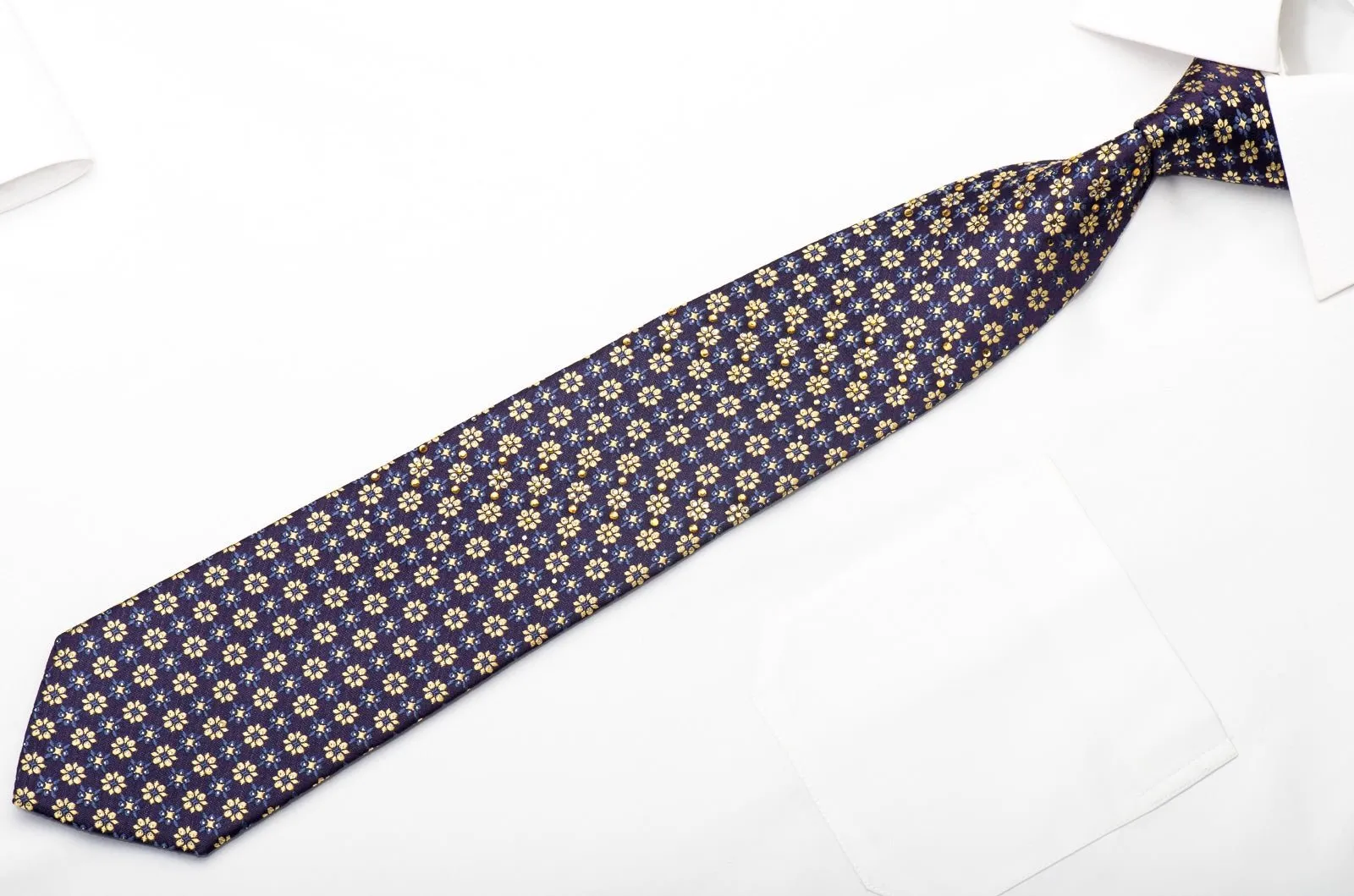 Daniel Hechter Men's Silk Necktie Golden Floral On Purple Sparkling With Rhinestones