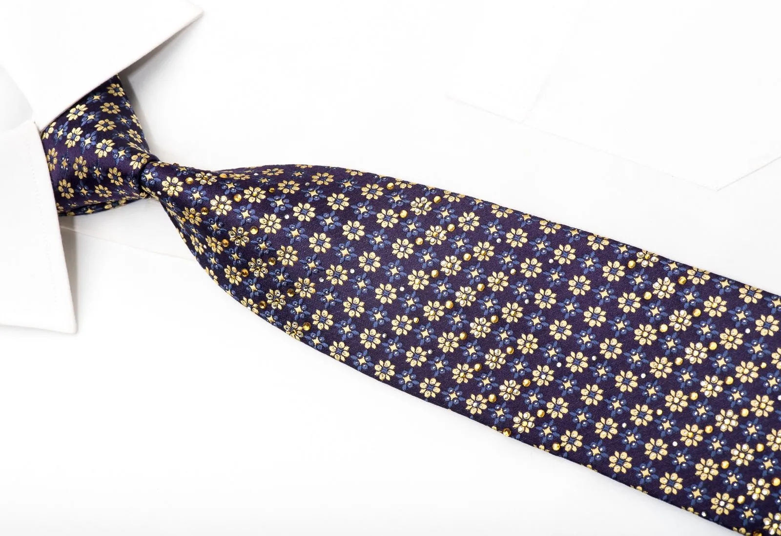 Daniel Hechter Men's Silk Necktie Golden Floral On Purple Sparkling With Rhinestones