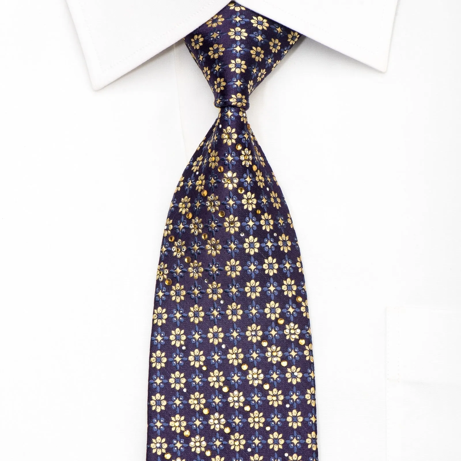 Daniel Hechter Men's Silk Necktie Golden Floral On Purple Sparkling With Rhinestones