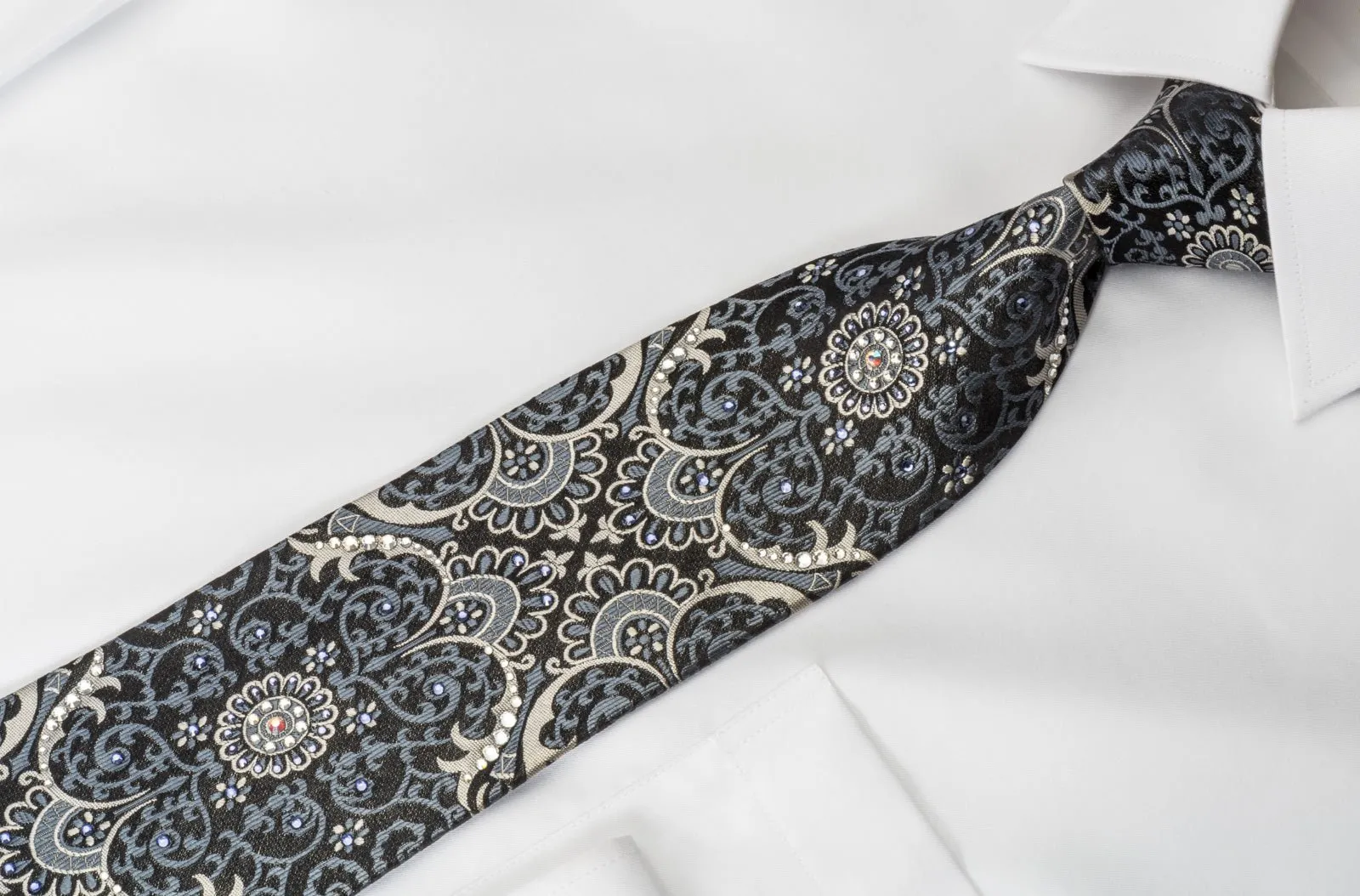 Daniel Hechter Men's Silk Rhinestone Necktie Silver Damask On Black