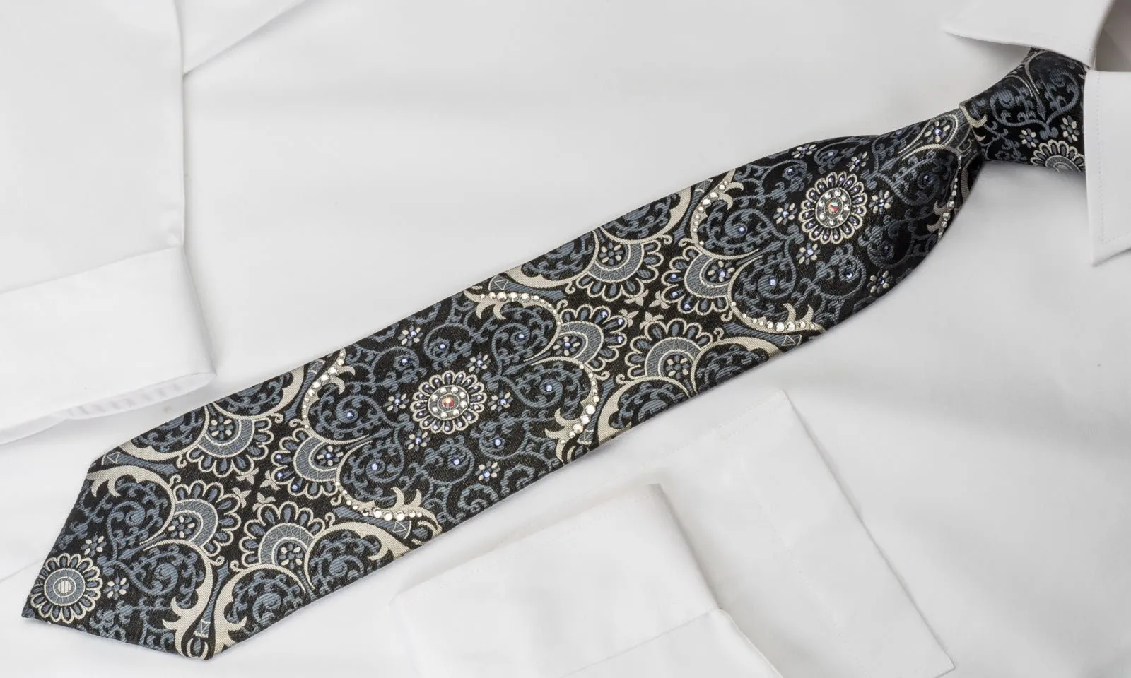 Daniel Hechter Men's Silk Rhinestone Necktie Silver Damask On Black