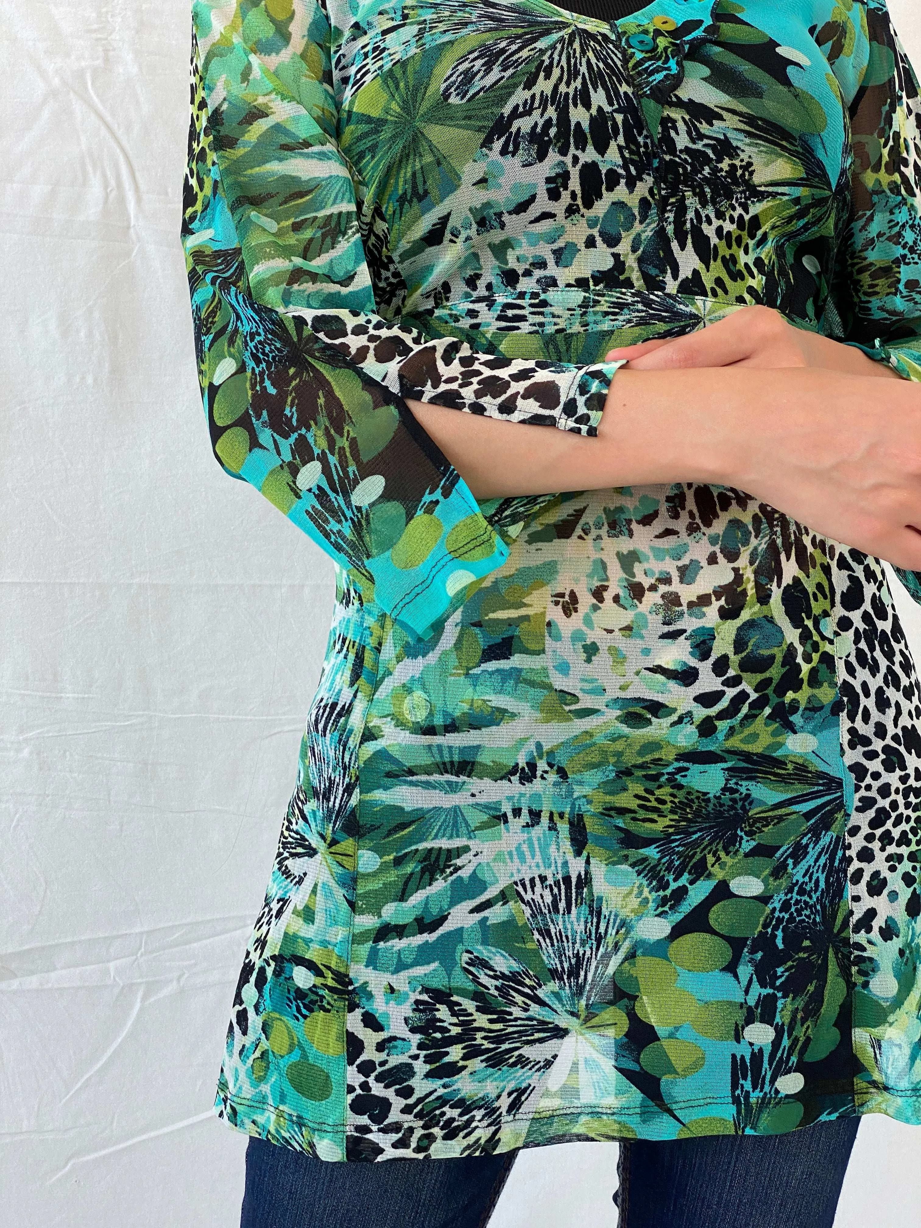 Early 00s Pause Café Tropical Print Mesh Top - L