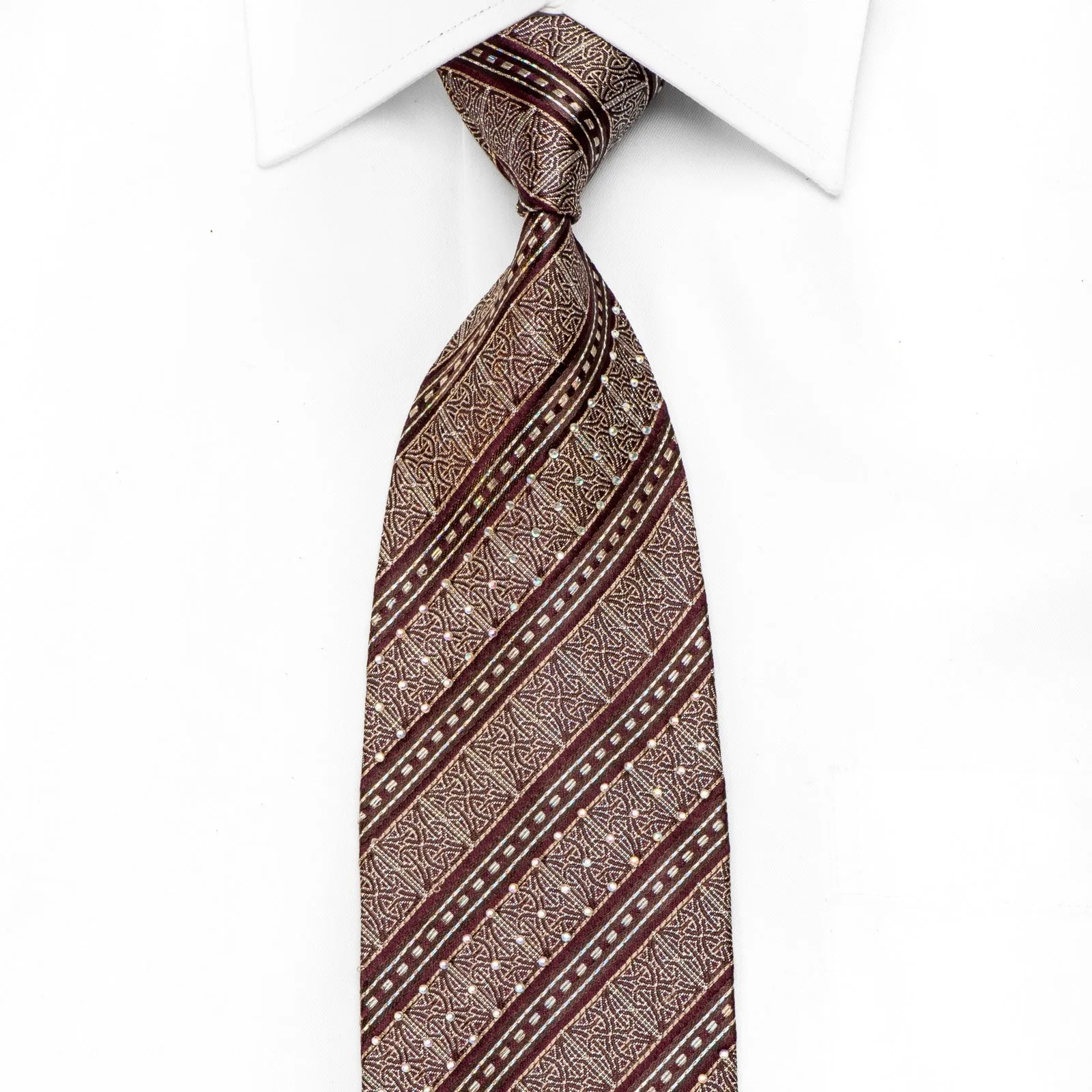 Elegance Men's Crystal Silk Necktie Gold Cartouche Striped On Burgundy With Silver Sparkles
