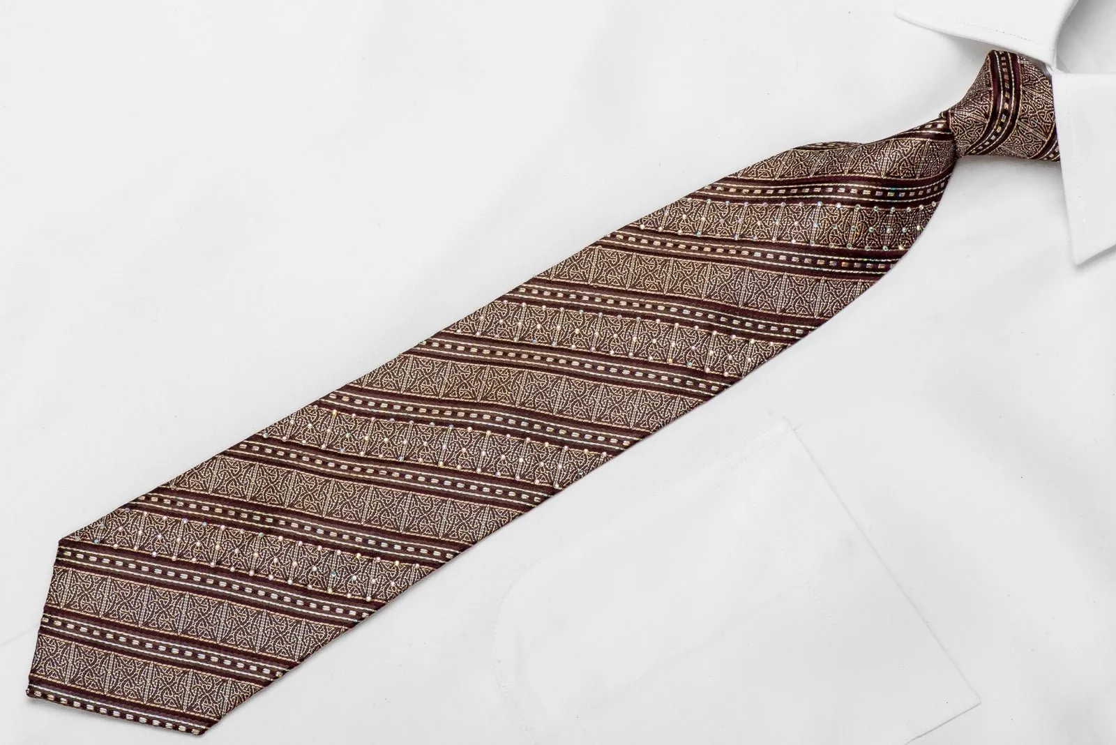 Elegance Men's Crystal Silk Necktie Gold Cartouche Striped On Burgundy With Silver Sparkles