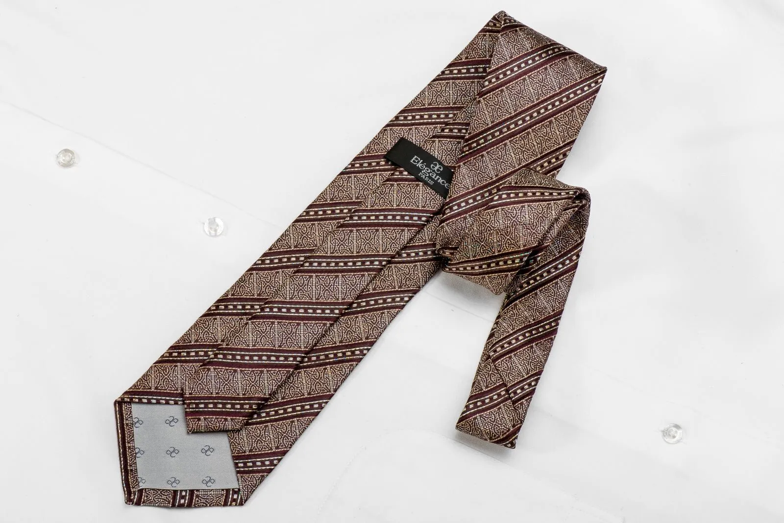 Elegance Men's Crystal Silk Necktie Gold Cartouche Striped On Burgundy With Silver Sparkles