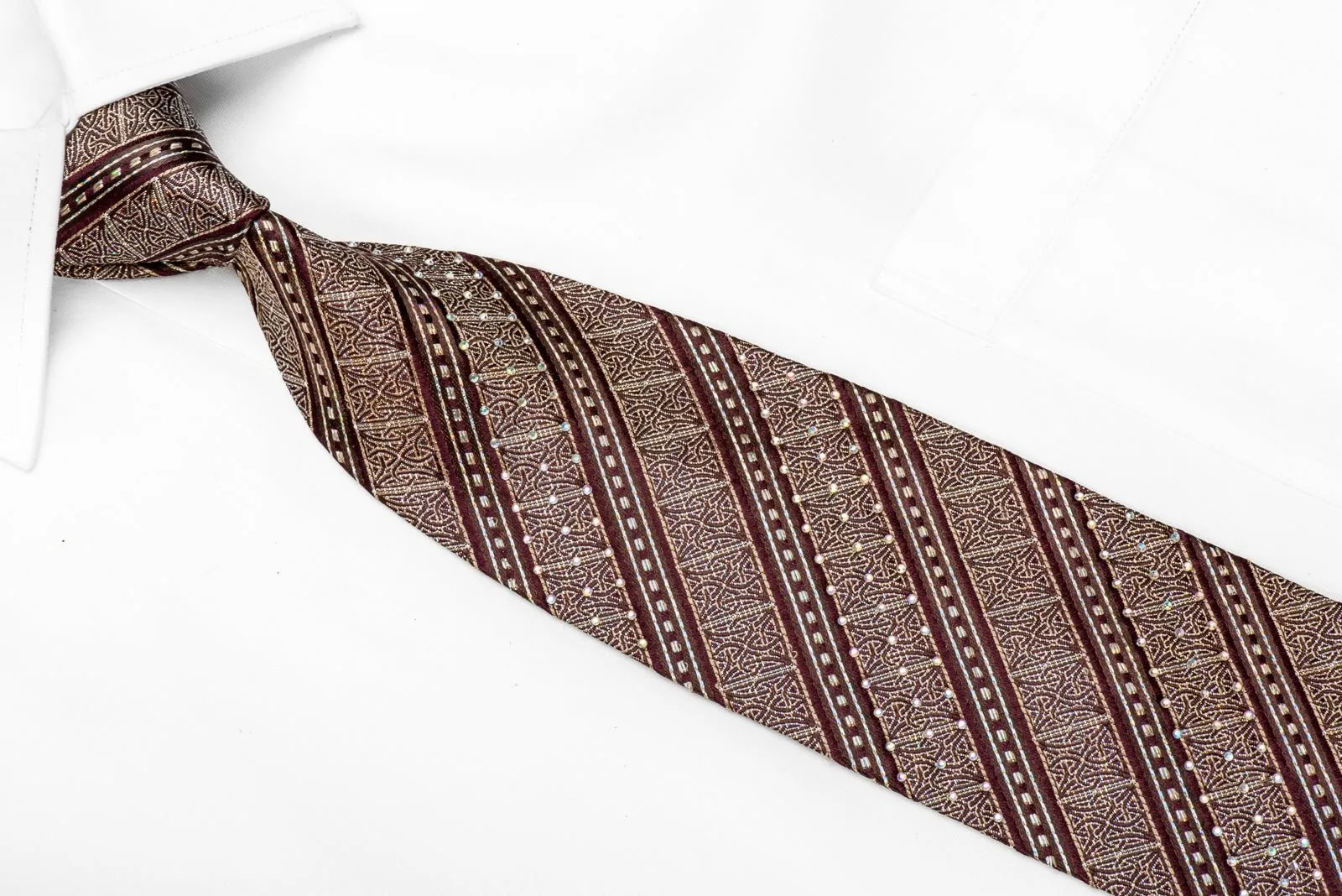 Elegance Men's Crystal Silk Necktie Gold Cartouche Striped On Burgundy With Silver Sparkles