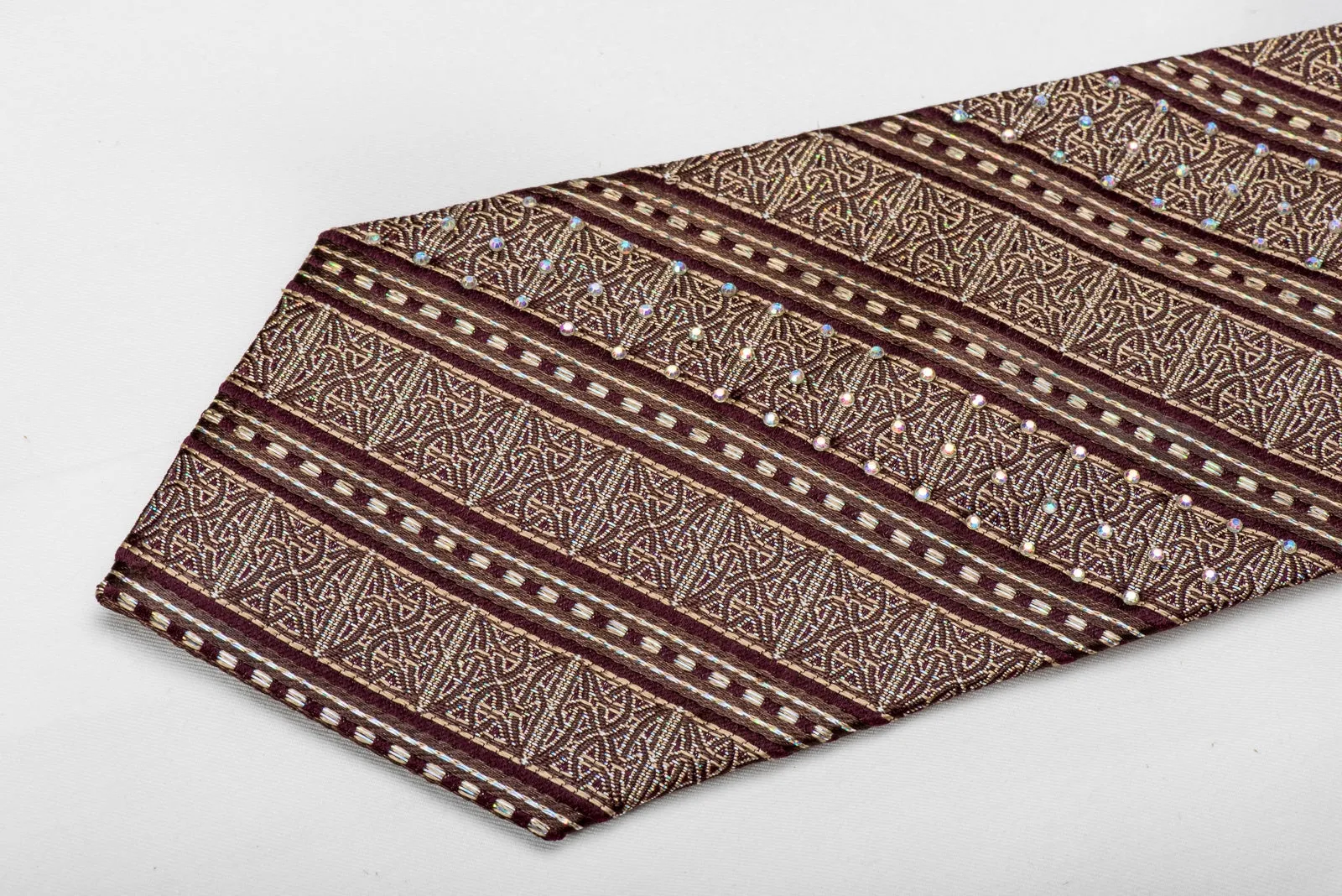 Elegance Men's Crystal Silk Necktie Gold Cartouche Striped On Burgundy With Silver Sparkles