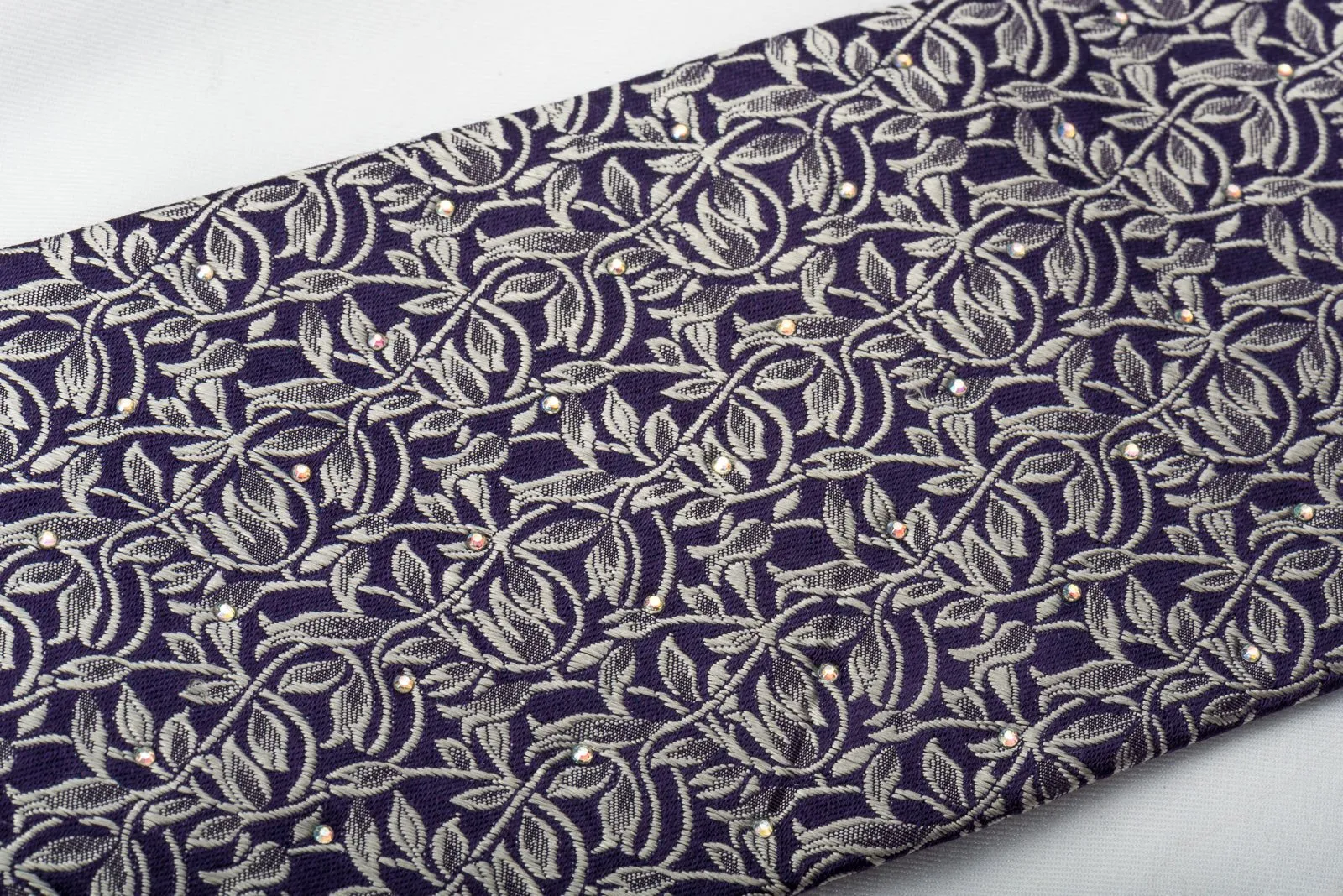Elegance Silk Necktie Silver Vines On Blue With Rhinestones