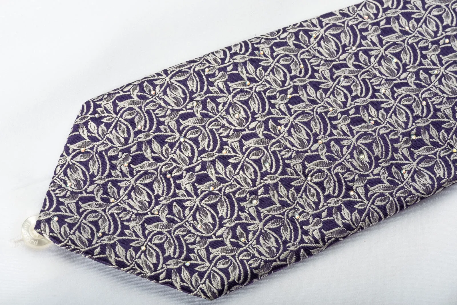 Elegance Silk Necktie Silver Vines On Blue With Rhinestones