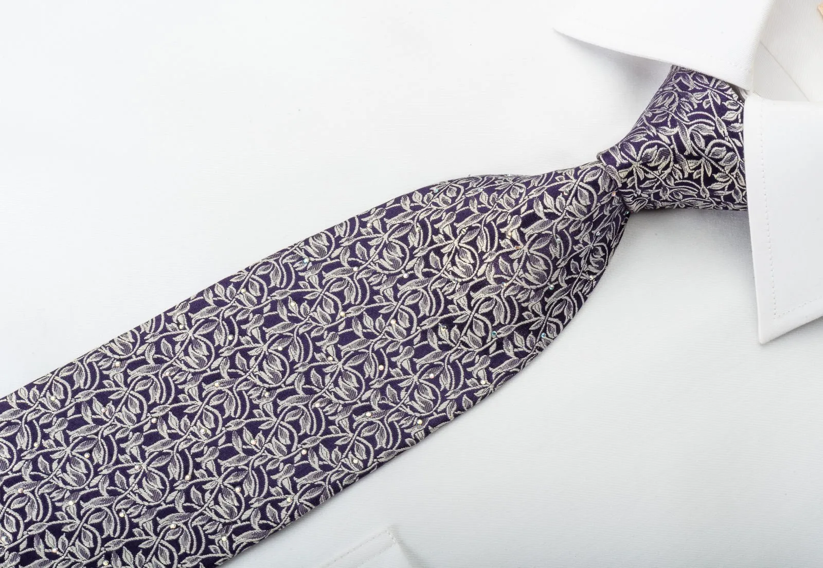Elegance Silk Necktie Silver Vines On Blue With Rhinestones