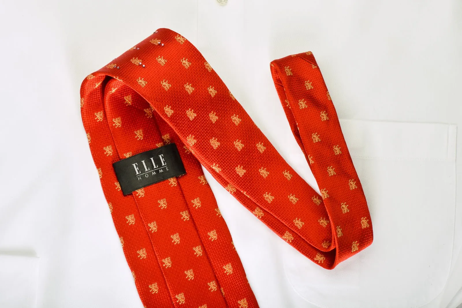 Elle Homme Rhinestone Silk Necktie Gold Lions On Red With Gold Sparkles