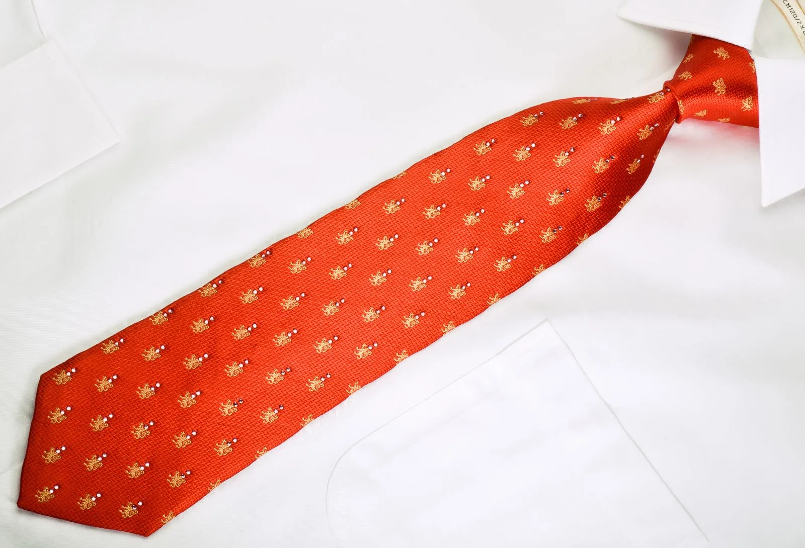 Elle Homme Rhinestone Silk Necktie Gold Lions On Red With Gold Sparkles