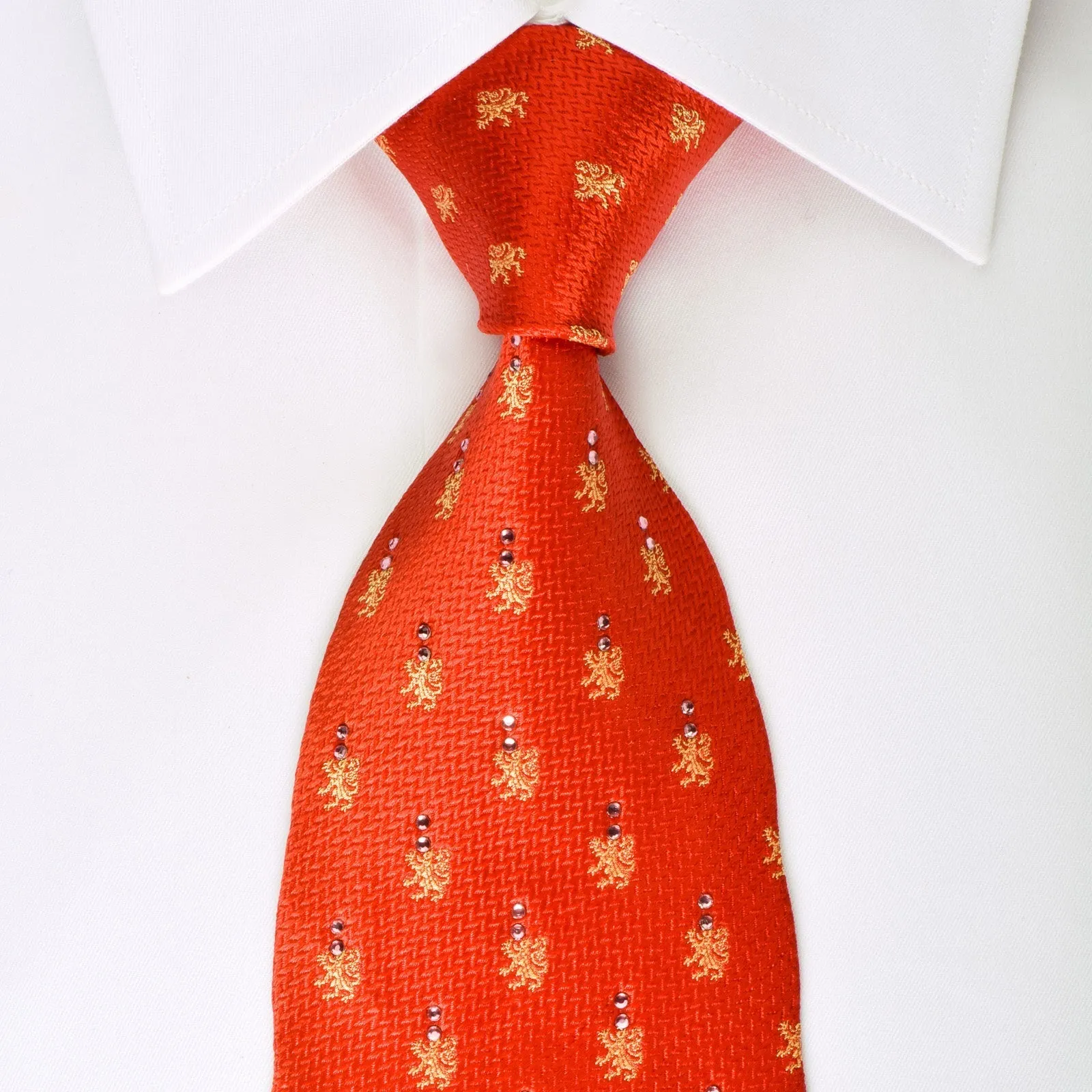 Elle Homme Rhinestone Silk Necktie Gold Lions On Red With Gold Sparkles
