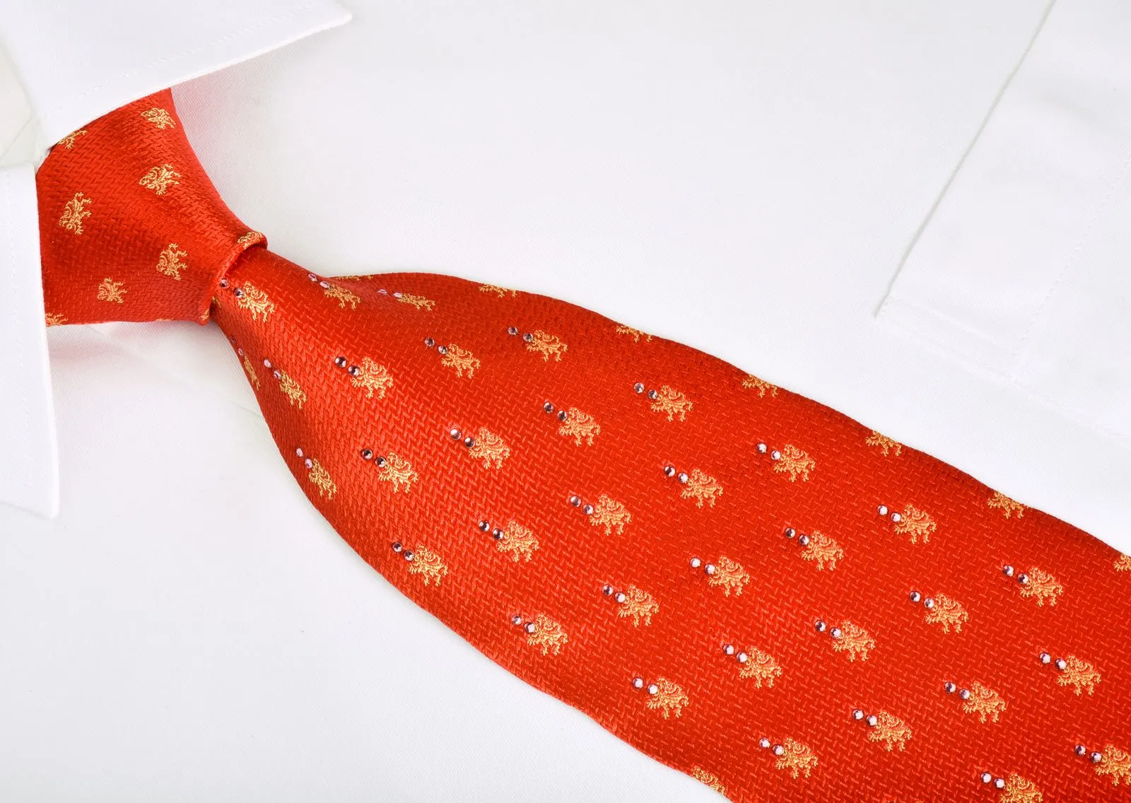Elle Homme Rhinestone Silk Necktie Gold Lions On Red With Gold Sparkles