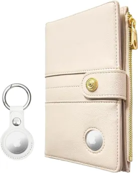 elzama Airtag Passport Holder Women, RFID Blocking Passport Wallet with Air Tag Holder, Zipper Pocket Card Slots Pen Holder & Air Tags Keychain (Airtag Not Included) Ivory