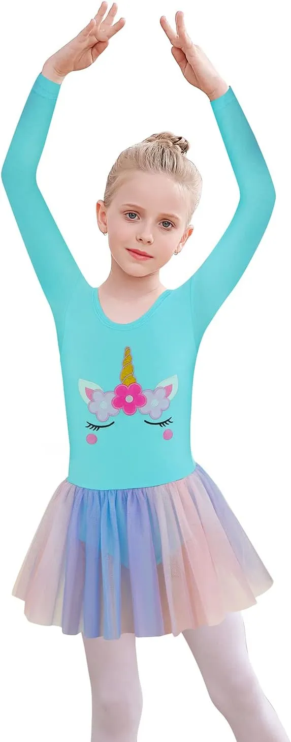 EQSJIU Long Sleeve Leotard for Girls Leotards Dance Ballet Dress Kids Dance Dress with 3 layers Sparkle Tutu