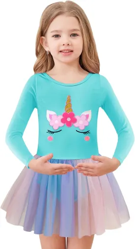 EQSJIU Long Sleeve Leotard for Girls Leotards Dance Ballet Dress Kids Dance Dress with 3 layers Sparkle Tutu
