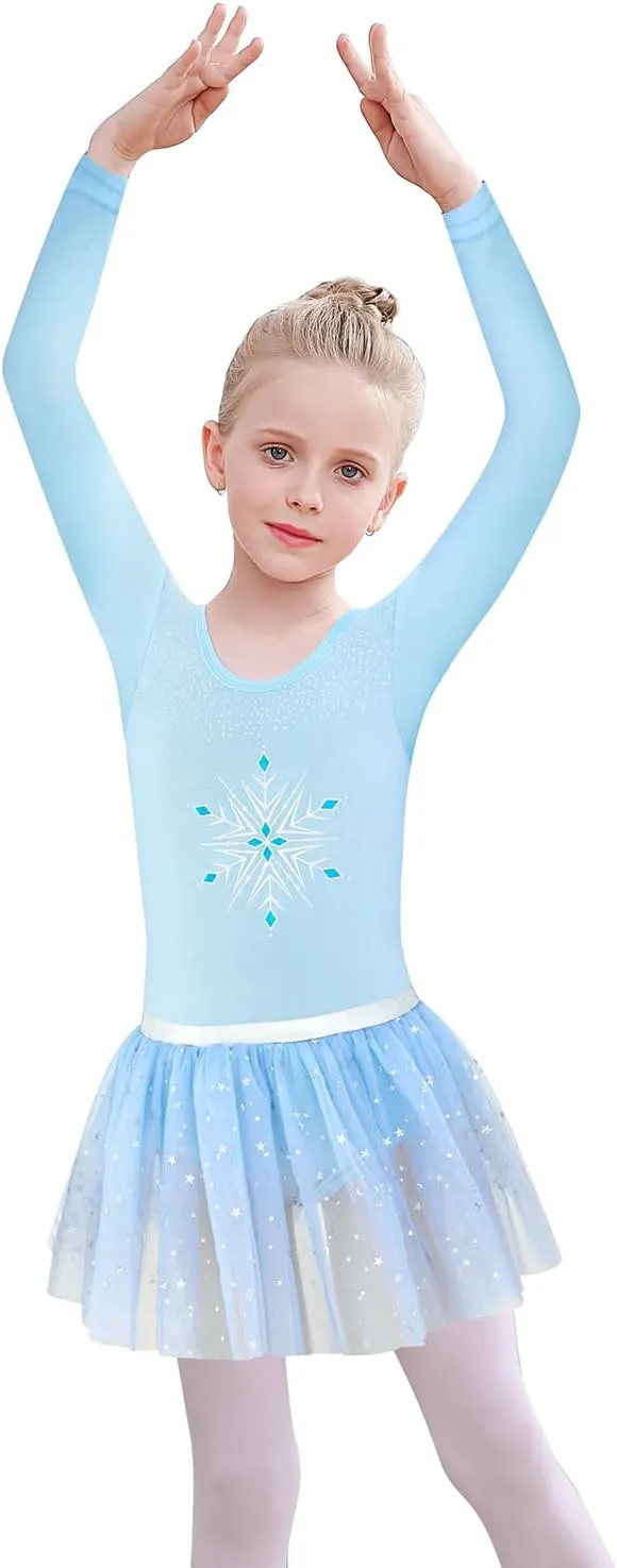 EQSJIU Long Sleeve Leotard for Girls Leotards Dance Ballet Dress Kids Dance Dress with 3 layers Sparkle Tutu