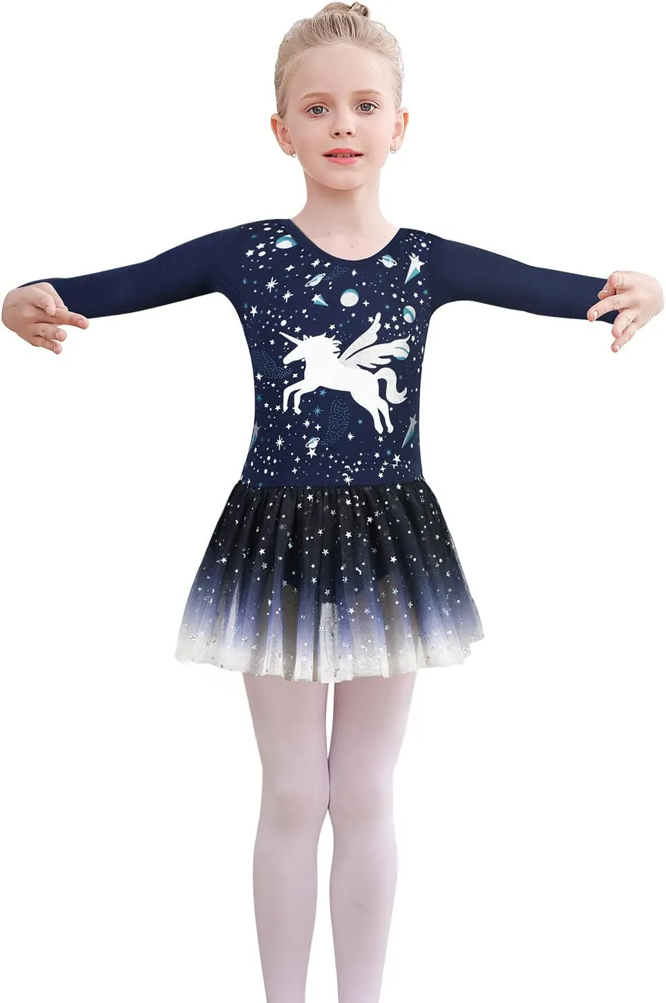 EQSJIU Long Sleeve Leotard for Girls Leotards Dance Ballet Dress Kids Dance Dress with 3 layers Sparkle Tutu