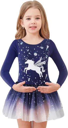 EQSJIU Long Sleeve Leotard for Girls Leotards Dance Ballet Dress Kids Dance Dress with 3 layers Sparkle Tutu