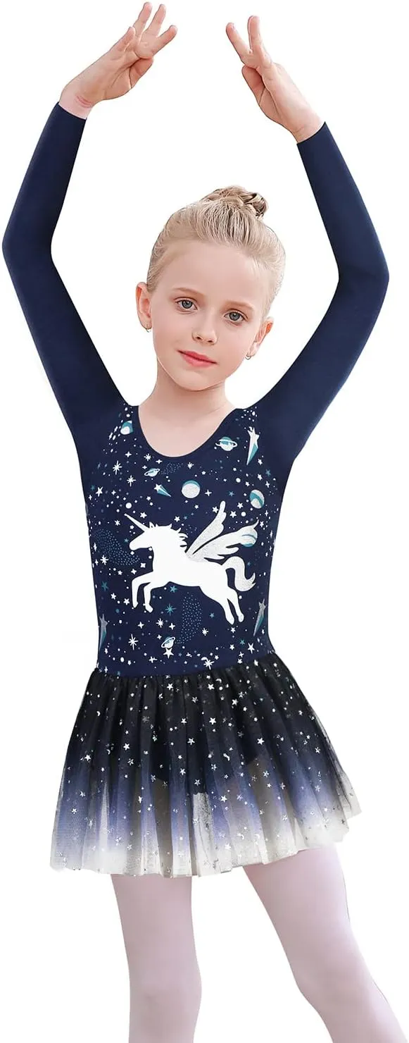 EQSJIU Long Sleeve Leotard for Girls Leotards Dance Ballet Dress Kids Dance Dress with 3 layers Sparkle Tutu