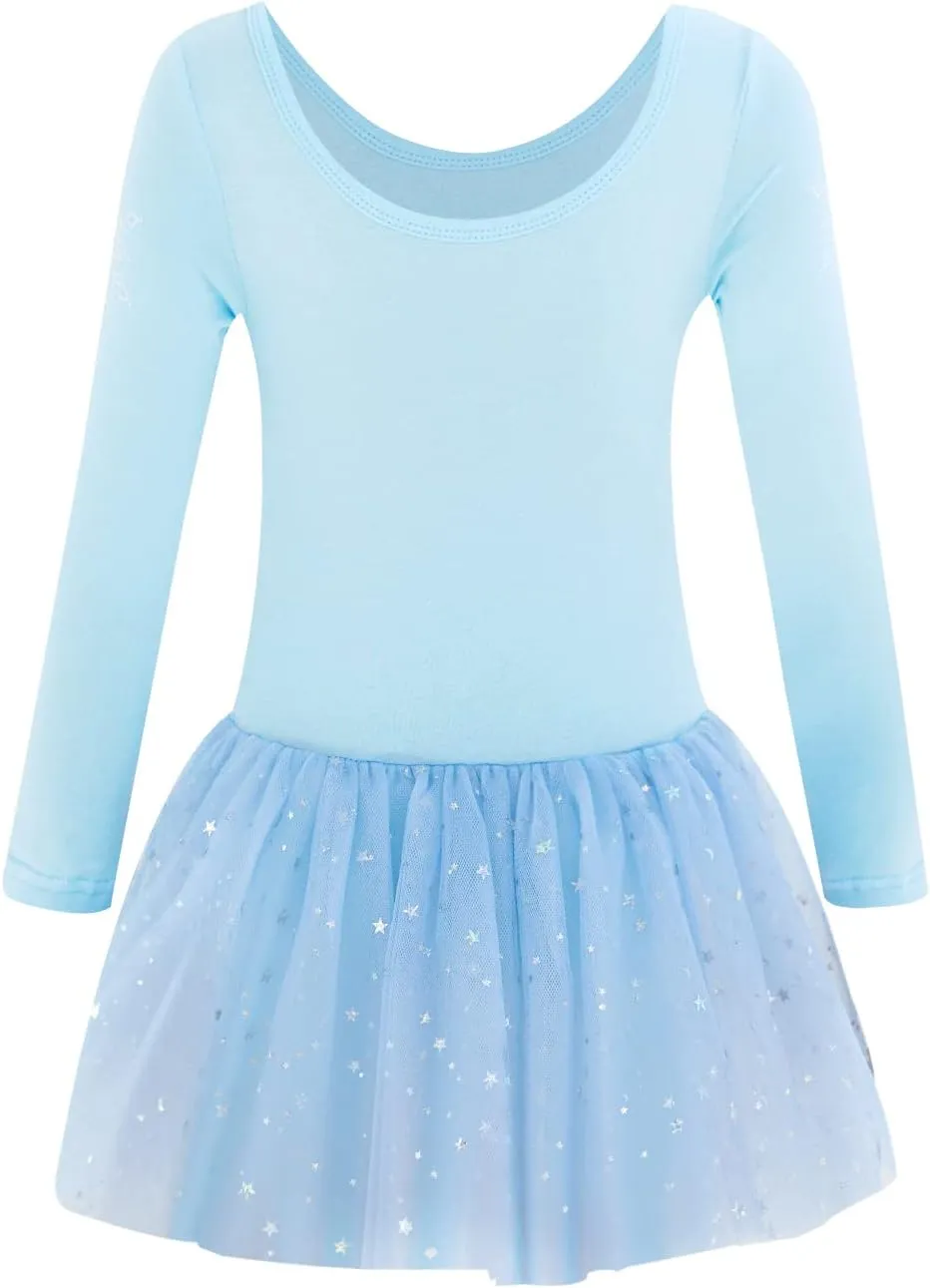 EQSJIU Long Sleeve Leotard for Girls Leotards Dance Ballet Dress Kids Dance Dress with 3 layers Sparkle Tutu