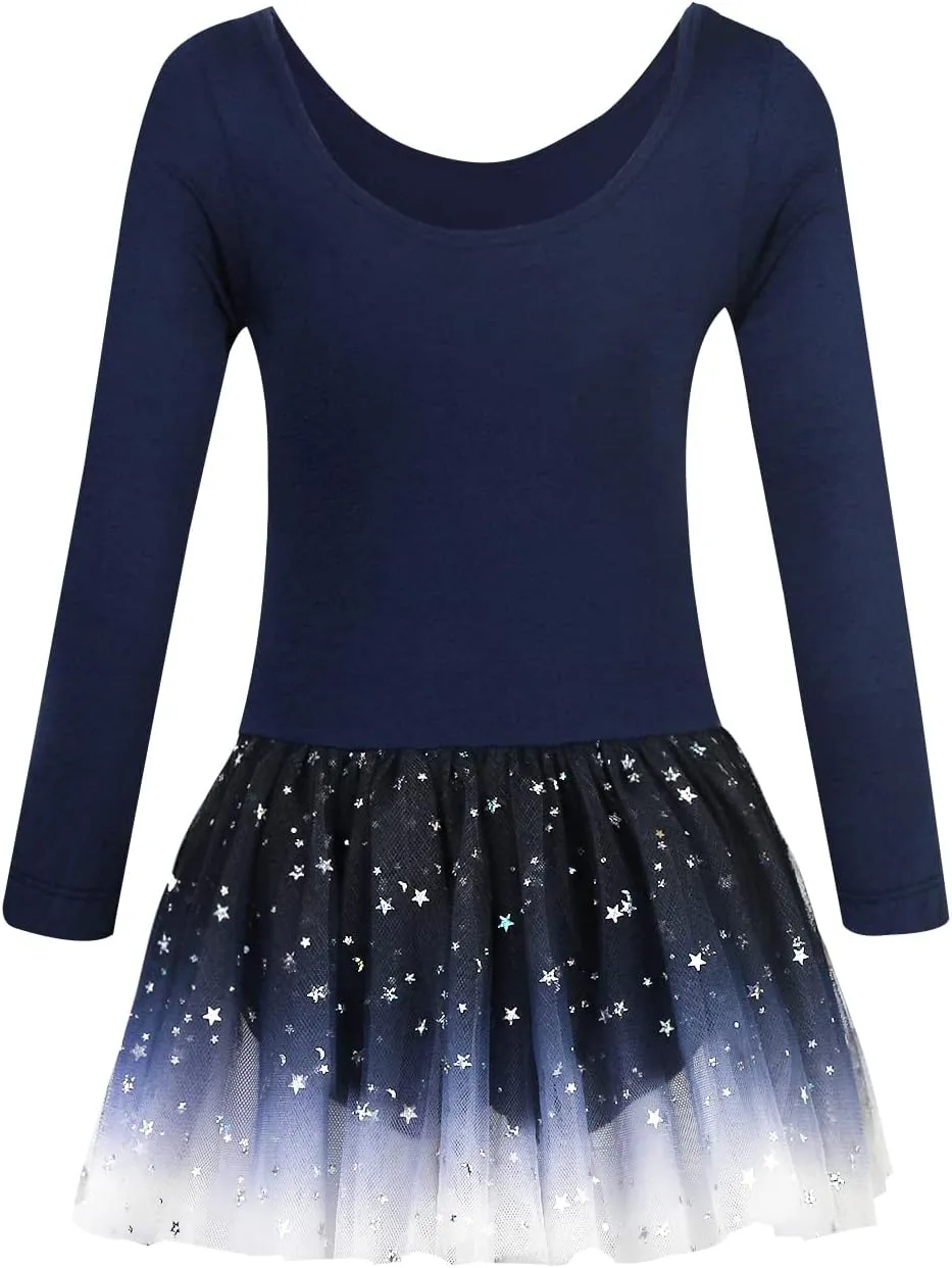 EQSJIU Long Sleeve Leotard for Girls Leotards Dance Ballet Dress Kids Dance Dress with 3 layers Sparkle Tutu