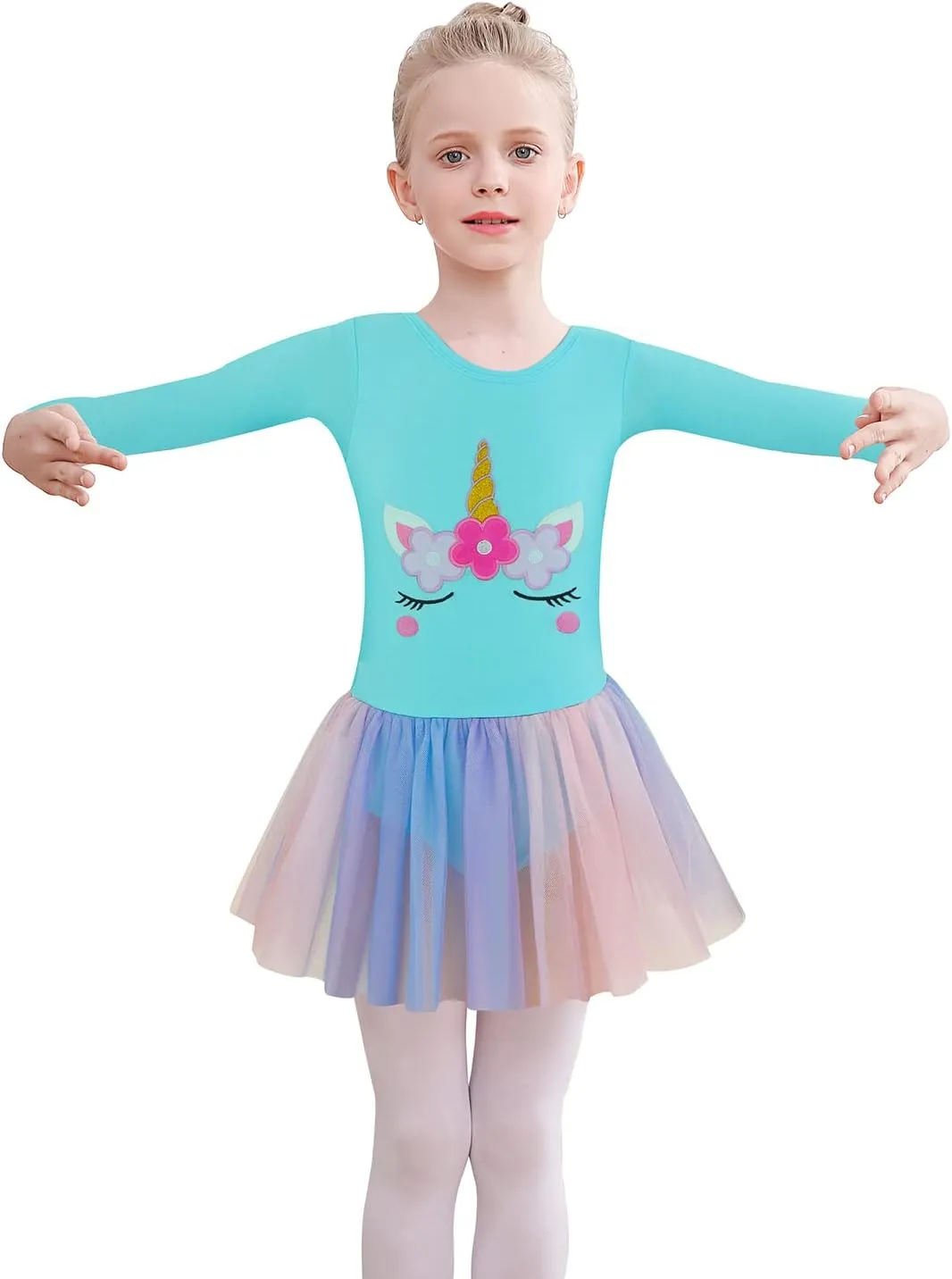 EQSJIU Long Sleeve Leotard for Girls Leotards Dance Ballet Dress Kids Dance Dress with 3 layers Sparkle Tutu