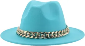 Fedora Hats Women Men Wide Brim Thick Gold Chain Band Felted Hat Jazz Cap Panama Hat Lake Blue 60-62cm(XL)