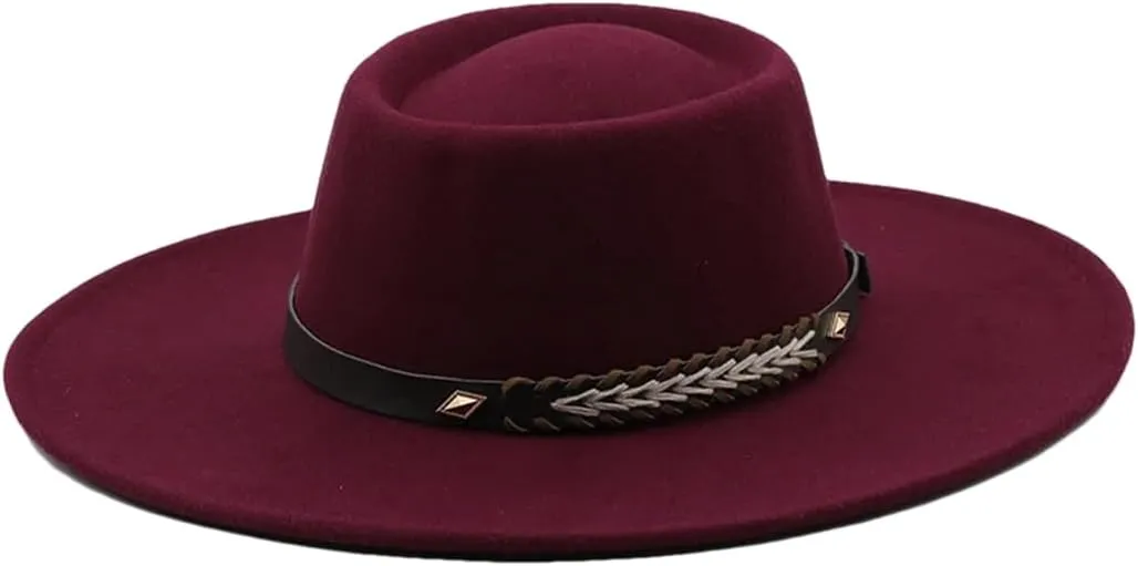 Fedoras Hats for Women Wide Brim Dress Hat Felted Hat Panama Church Wedding Men Cap Wine red 56-58CM