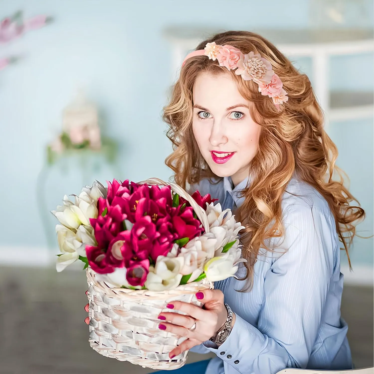 Flower Headband Spring Summer Hair Accessories for Women Girls, Rose Flowers Hair Bands Baby Pink Floral Hair Decoration Elegant Headdress Party Wedding Supplies Non Slip Head Band 1 Pcs