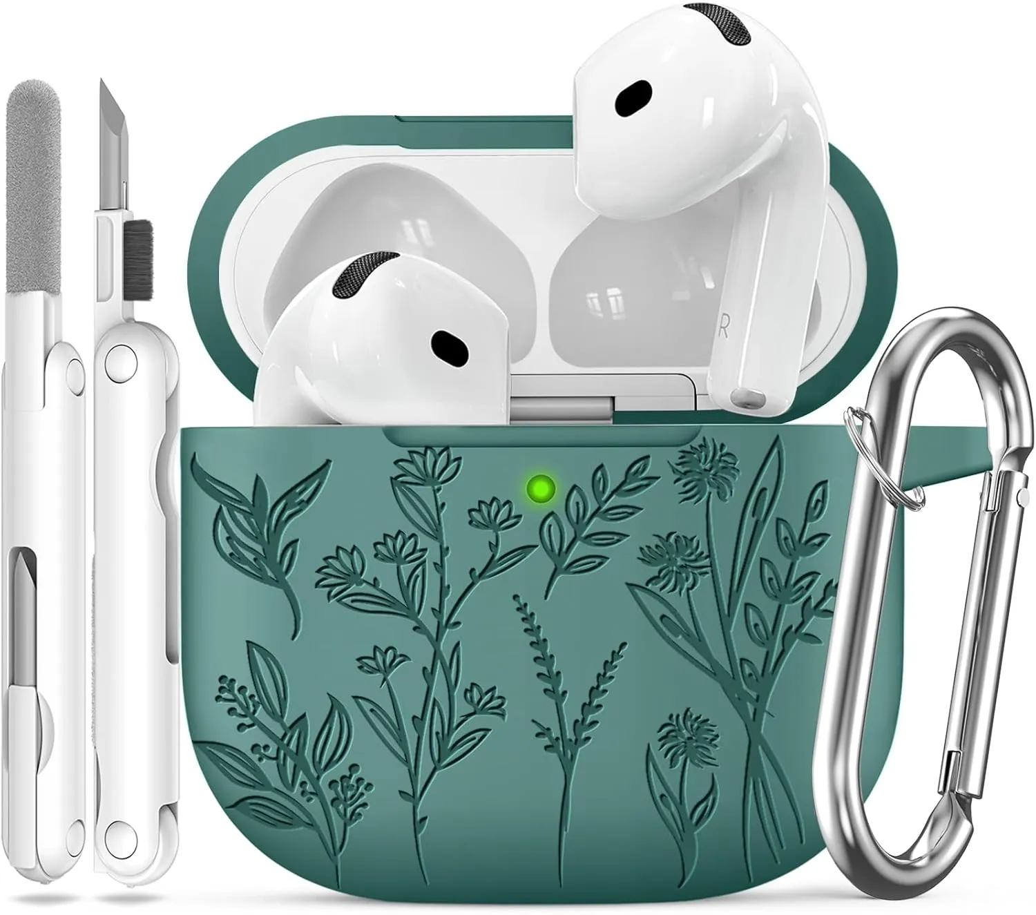 for Airpods 4 Case, Ekoonpft Flower Engraved Cases for Apple AirPods 4th Generation 2024, Soft Silicone Cover for Women Girly with 3-in-1 Cleaning Kit & Keychain, Anti-Scratch, Shockproof