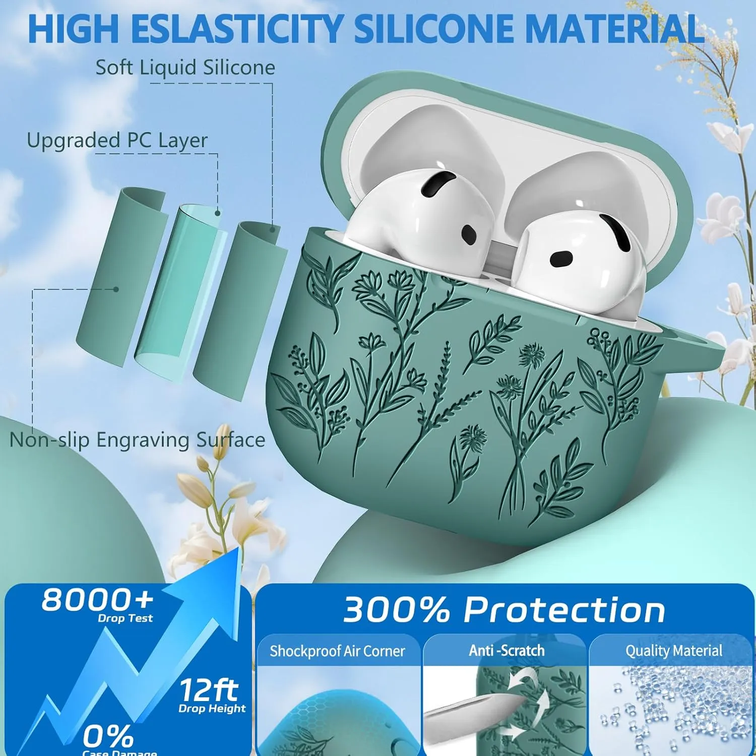 for Airpods 4 Case, Ekoonpft Flower Engraved Cases for Apple AirPods 4th Generation 2024, Soft Silicone Cover for Women Girly with 3-in-1 Cleaning Kit & Keychain, Anti-Scratch, Shockproof