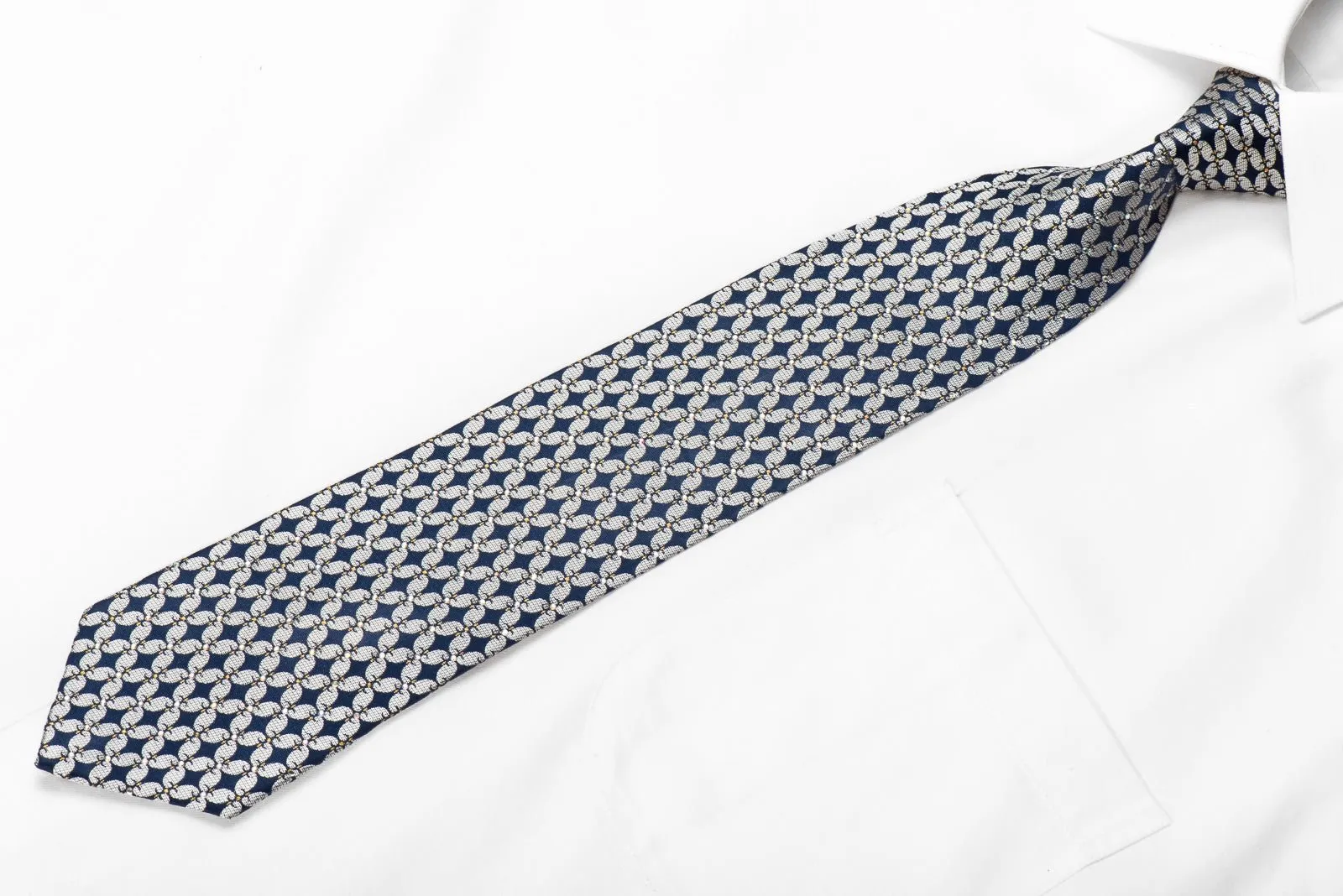 Franco Ferraro Men's Crystal Silk Necktie Silver Geometric On Blue With Gold Sparkles