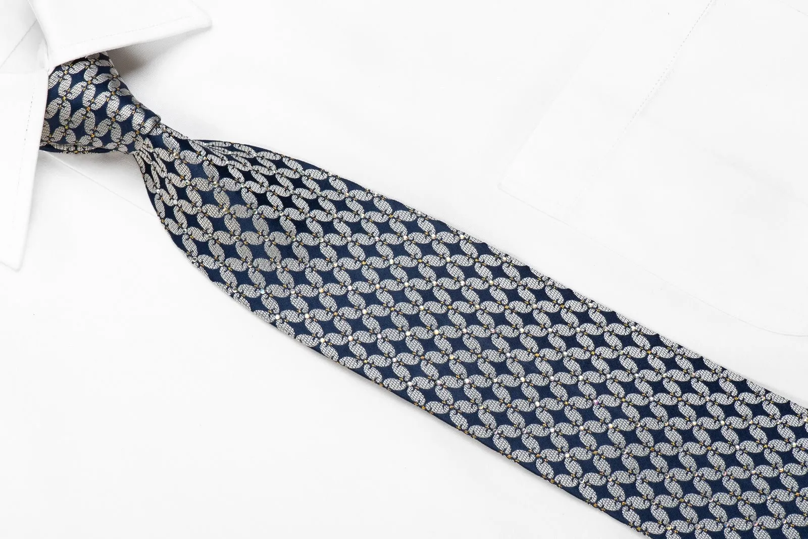 Franco Ferraro Men's Crystal Silk Necktie Silver Geometric On Blue With Gold Sparkles