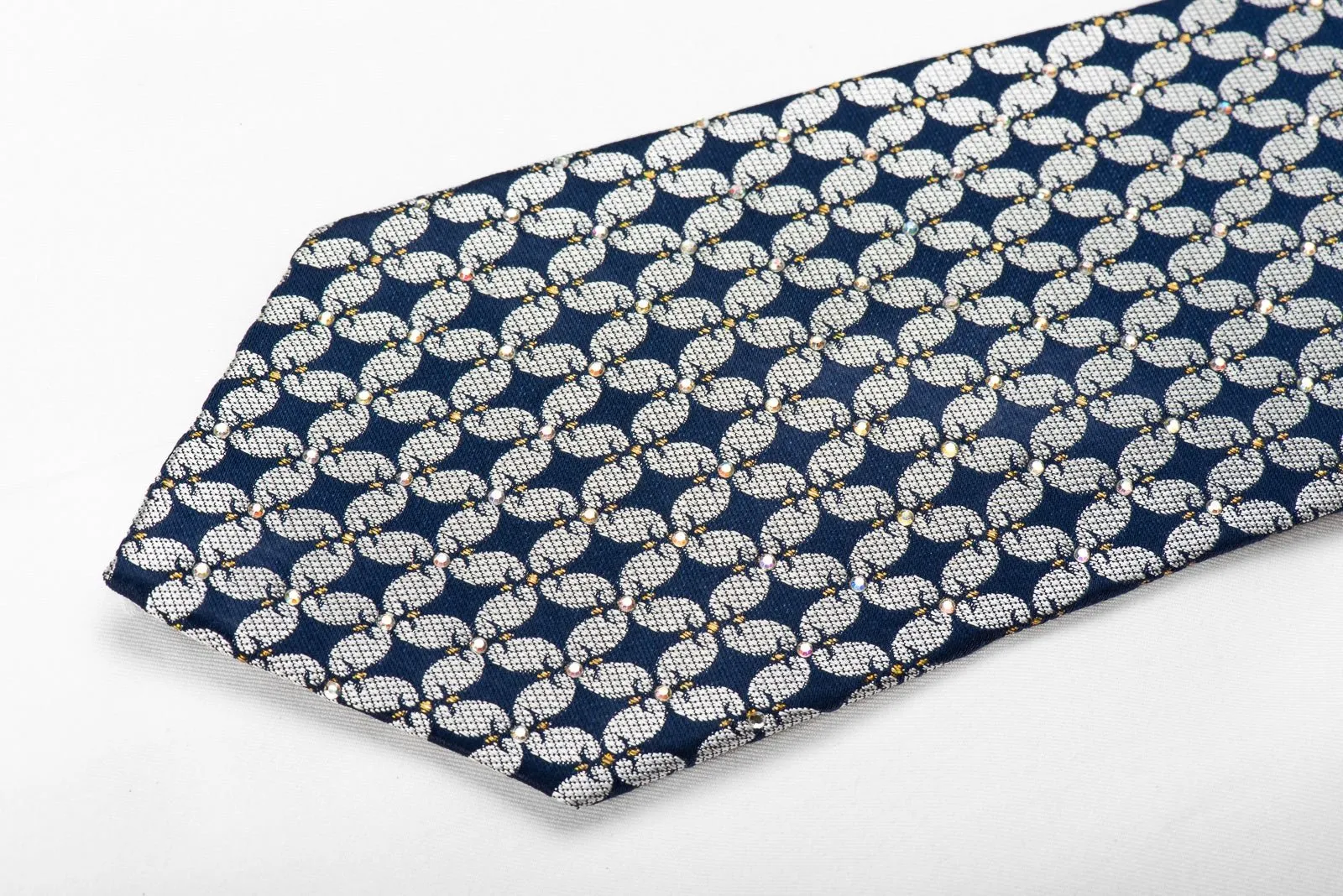 Franco Ferraro Men's Crystal Silk Necktie Silver Geometric On Blue With Gold Sparkles