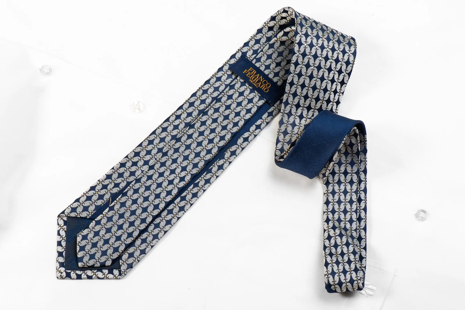 Franco Ferraro Men's Crystal Silk Necktie Silver Geometric On Blue With Gold Sparkles
