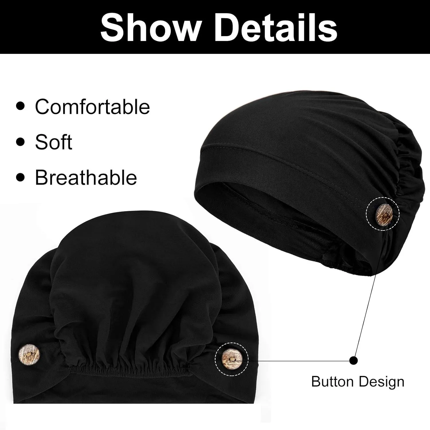 Geyoga 10 Pieces Soft Bouffant Caps with Buttons, Gourd-Shape Caps Stretch Bouffant Hats Unisex Stretchy Headband Turban with Ear Loop Holder Buttons Multicolor
